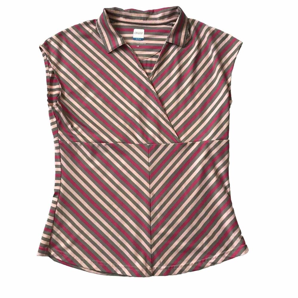 Alulr Sport Sleeveless Golf Collared VNeck Pink Stripe Tennis Tank Womens L